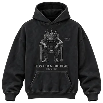 Black CROWN hoodie with the seated king graphic and Heavy Lies The Head printed on the front