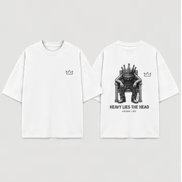 CROWN T-shirt front and back with small crown on front and seated-king graphic on back