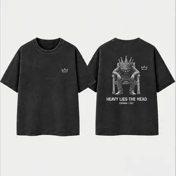 CROWN T-shirt front and back with small crown on front and seated-king graphic on back