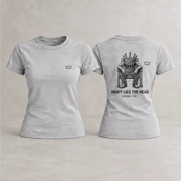 CROWN T-shirt front and back with small crown on front and seated-king graphic on back