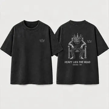 CROWN T-shirt front and back with small crown on front and seated-king graphic on back