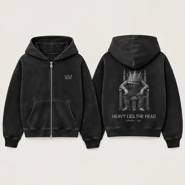 Crown Relaxed Zip Hoodie in black, front and back design concept